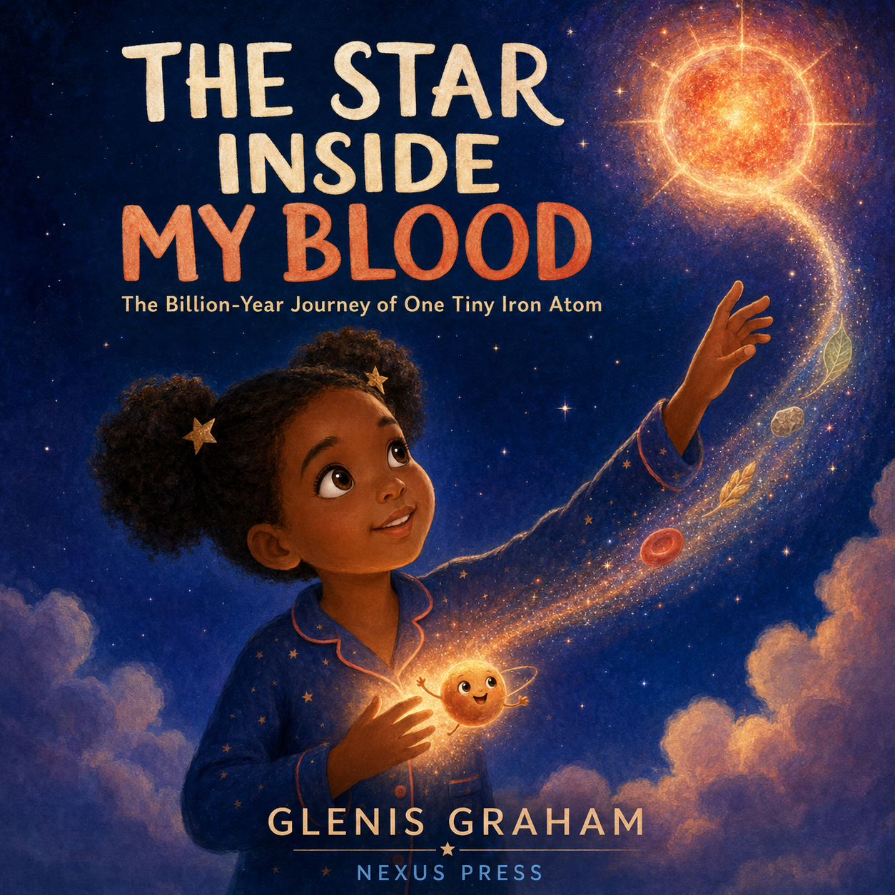A grown-up reading a glowing science picture book aloud to three children