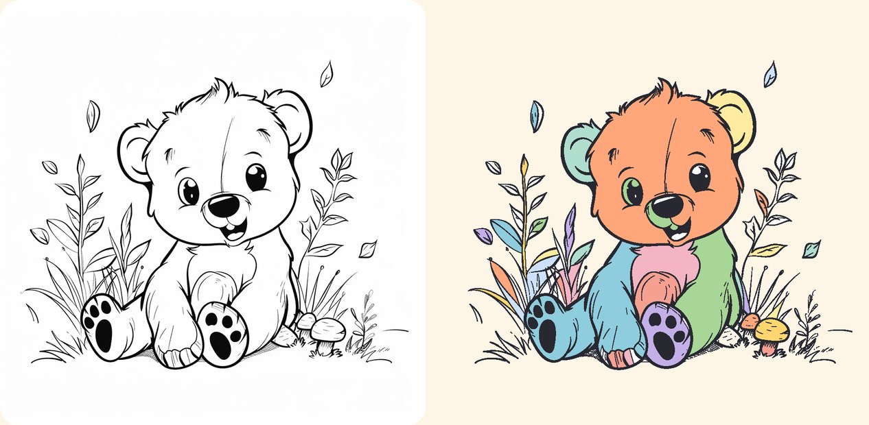 The same bear cub coloring page shown twice: on the left as clean black outlines, on the right filled in with bright crayon colors.